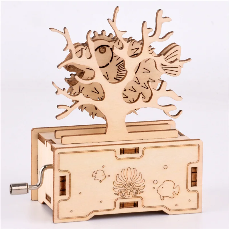 3D Puzzles Wooden Pufferfish Hand Crank Music Box Assembly Toy DIY Assembled Model Building Block Kits Gift