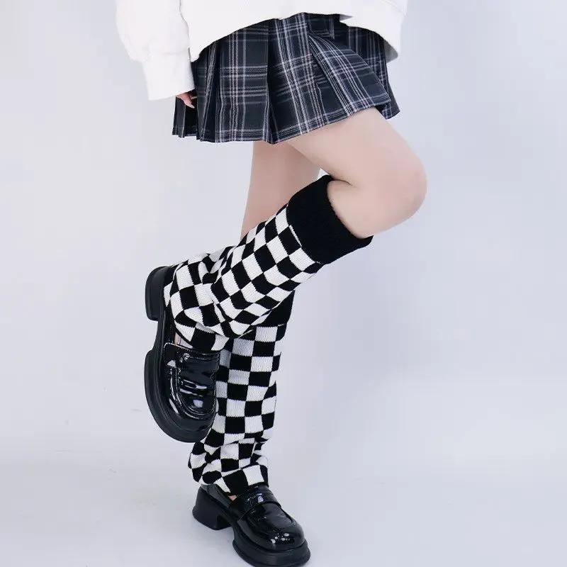Black White Checkered Leg Warmers Knit Slouchy Socks Harajuku Gothic Style Boot Covers for JK Cosplay