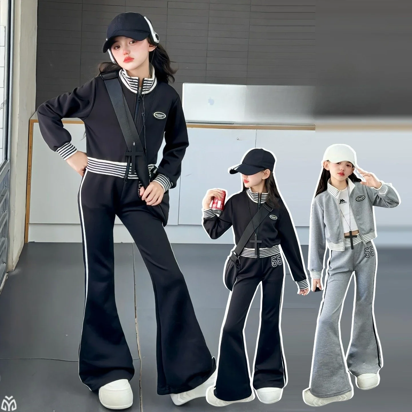 

teen girls sportswear clothes set gray black Stylish Coat+bell-bottoms pants 2pcs junior kids jacket+bootcut pants child outfits