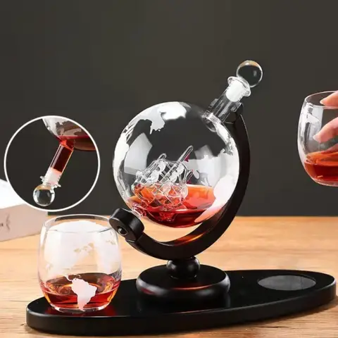 Creative Globe Decanter Set with Lead-free Carafe Exquisite Wood-stand and 2 Whisky Glasses Whiskey Decanter Globe Grade Gift