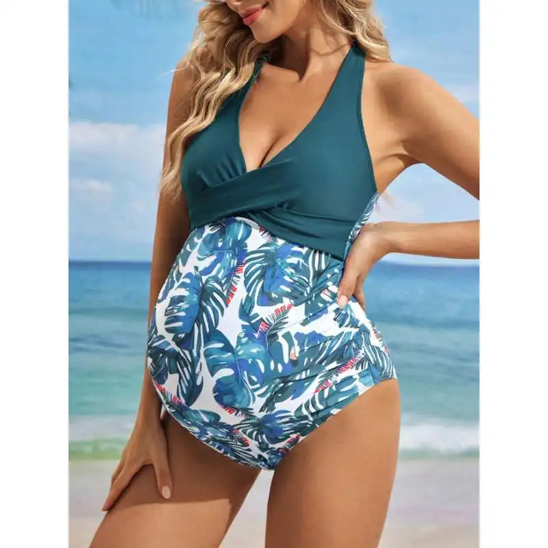 New Maternity Swimsuit Sexy Deep V Cross-Over Tummy-Covering Beach Vacation Foreign Trade Cross-Border One-Piece Swimsuit