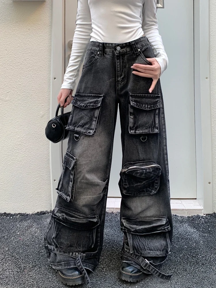 2024 Trashy Y2K Streetwear Washed Black Baggy Cargo Jeans Pants For Women Clothes Wide Leg Multi Pockets Gothic Lady Trousers