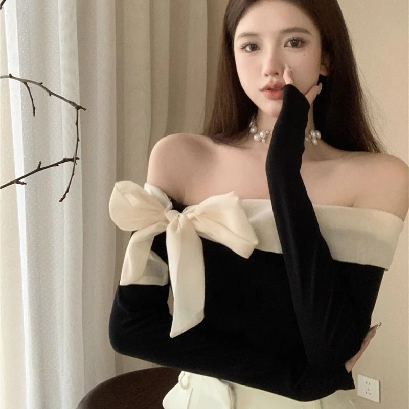 Slash Neck T-shirts Women Spring and Autumn New Bow Long-sleeved Slimming Office Lady Tees Korean Style Fashion Tops Female