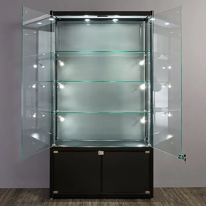 Custom Aluminium Frame Groot Glas Display Vitrine Verstelbare Glazen Planken Vergrendeling Kast Display Met Led Verlichting