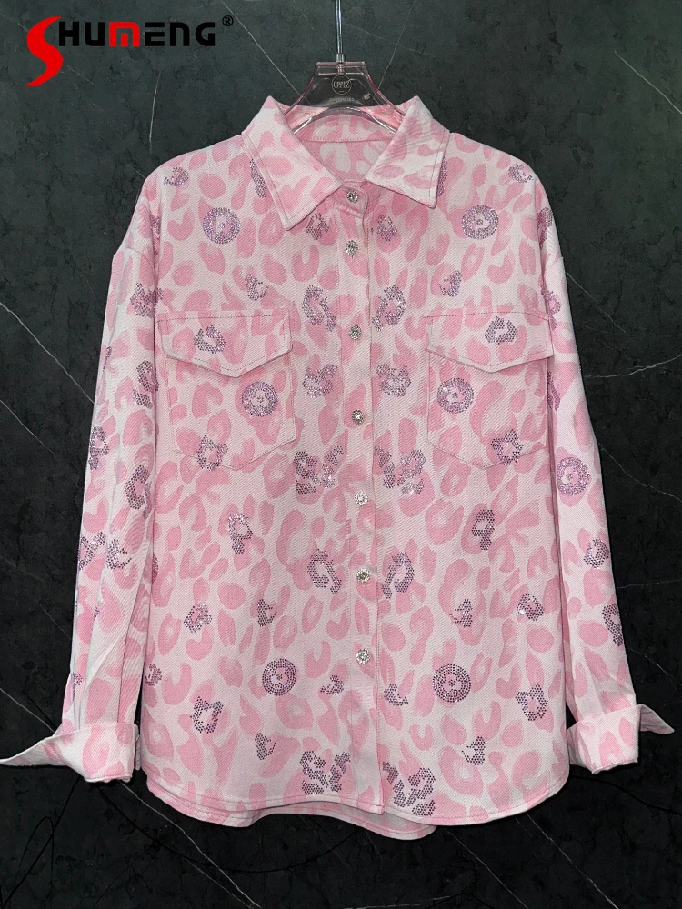 

Women's 2026 Spring New Hot Diamond Leopard Print Stylish Denim Shirts Jackets Women's Loose Comfort Long-sleeved Trendy Tops