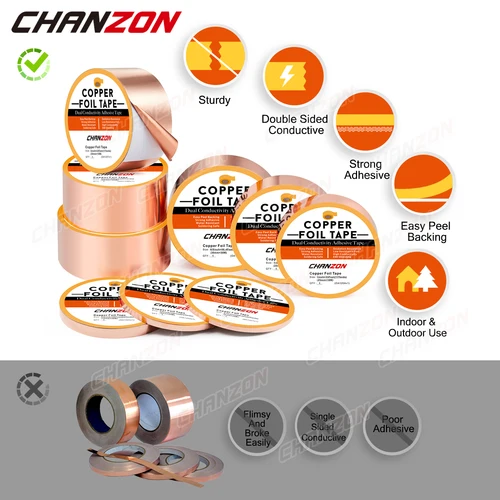 Imagen 2 del producto Cinta de lámina de cobre de 5mm, 6mm, 10mm y 25mm, tira conductora adhesiva de doble cara para guitarra, blindaje EMI, disuasorio de limo de vitral