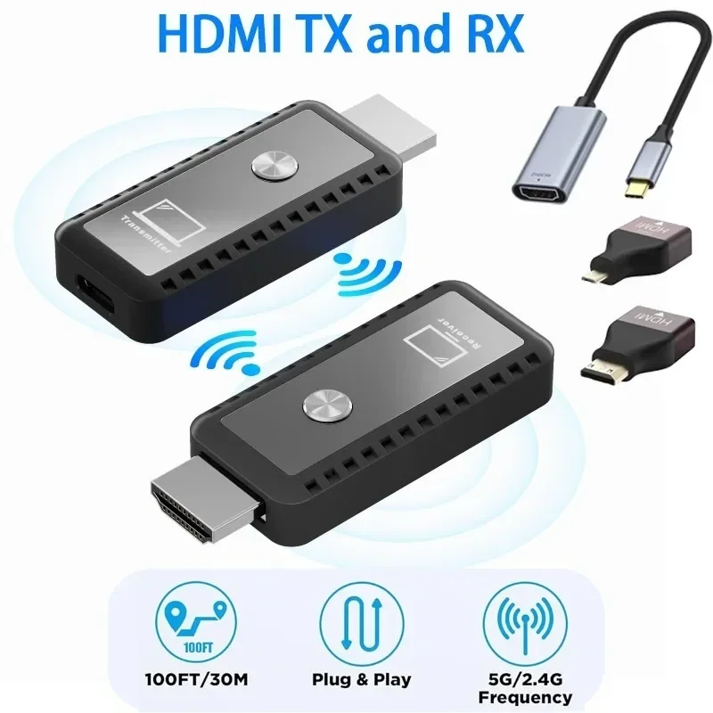 30m Wireless HDMI Transmitter and Receiver with Type-C Extender, Suitable for Connecting 5G Laptops To Monitors and Projectors