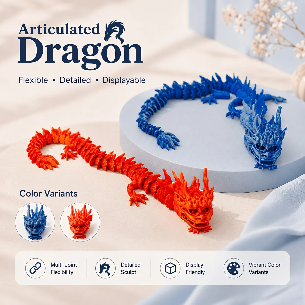 Articulated Dragon Toy, Flexible 3D Printed Fantasy Model with Detailed Scales, Poseable Desk Decor, Christmas Gift