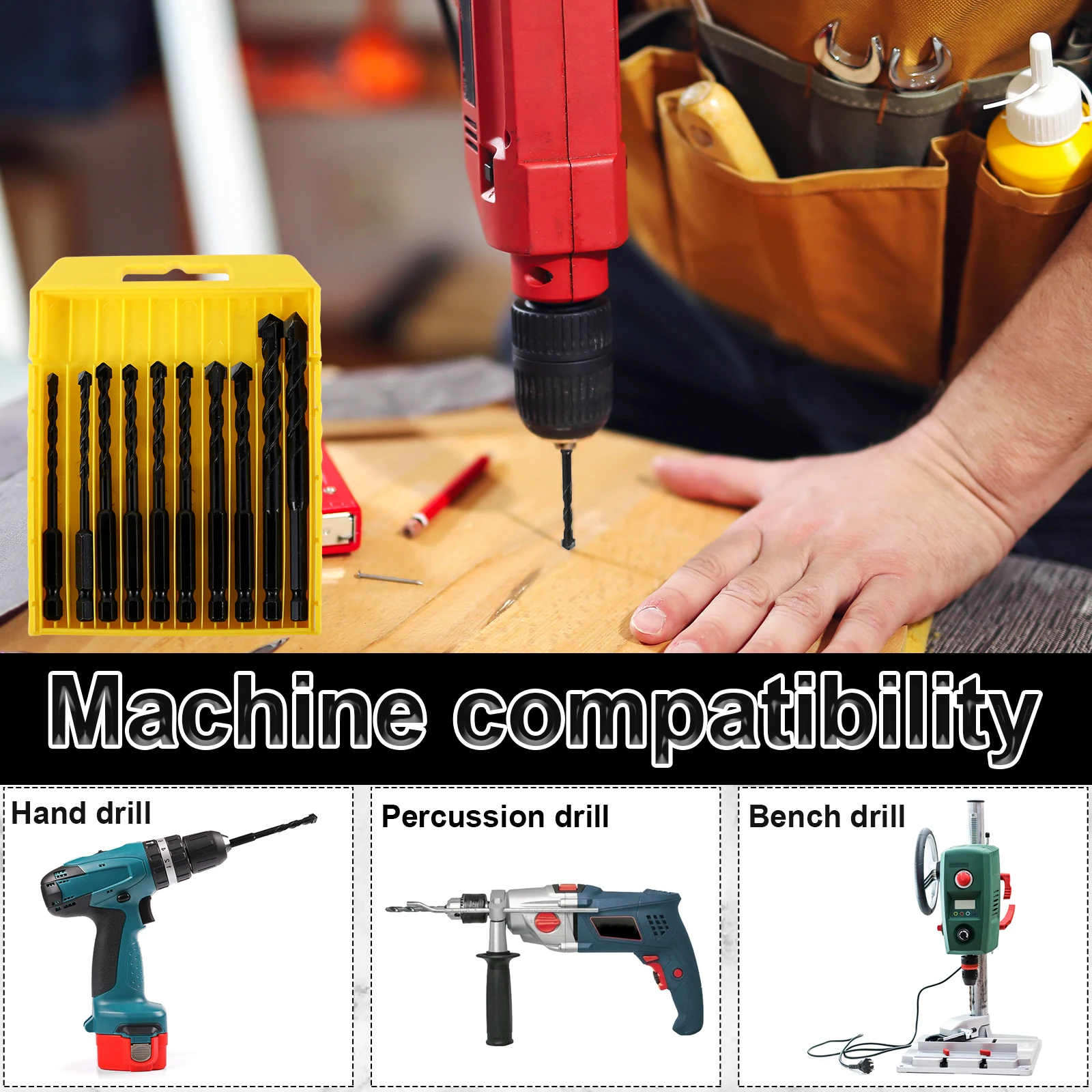 Juego de brocas para mampostería, vástago hexagonal de acero de alta velocidad de 4/5/6/8/10/12mm, juego de brocas para hormigón, taladro de