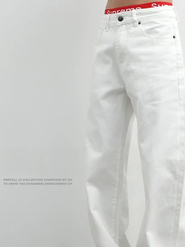 

American High Street Sle Loose Straight Leg Men's Jeans Casual Versatile Hard Fabric High Waist Slimming Effect White Denim