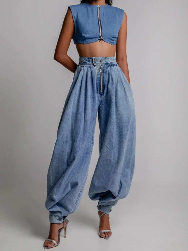 

Women's new summer high waisted zipper design leg tied jeans loose casual American style Vintage fashion personality pants