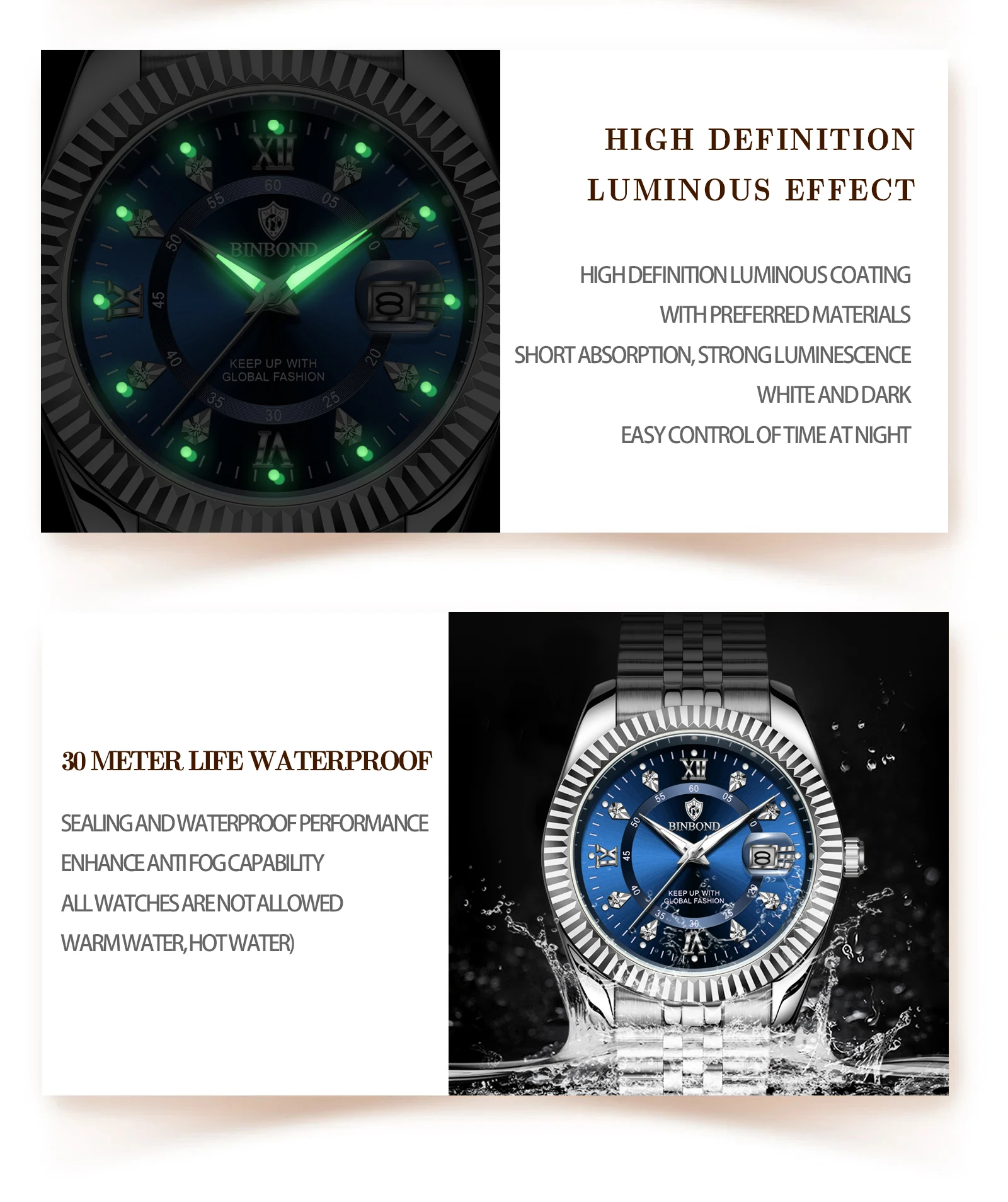 BINBOND Original Couple's Quartz Watches Luminous Waterproof Men's Women's Watch Mujer Reloj Ofertas Hoy Relogios Casal