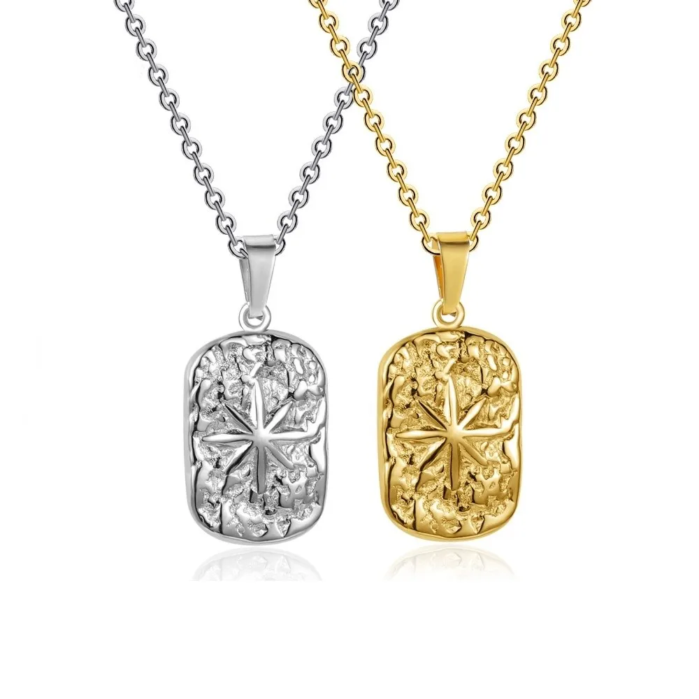 Hammered Finish Stainless Steel Pendant Necklace Silver Color Non Fading Compass Pendant Necklace With Chain