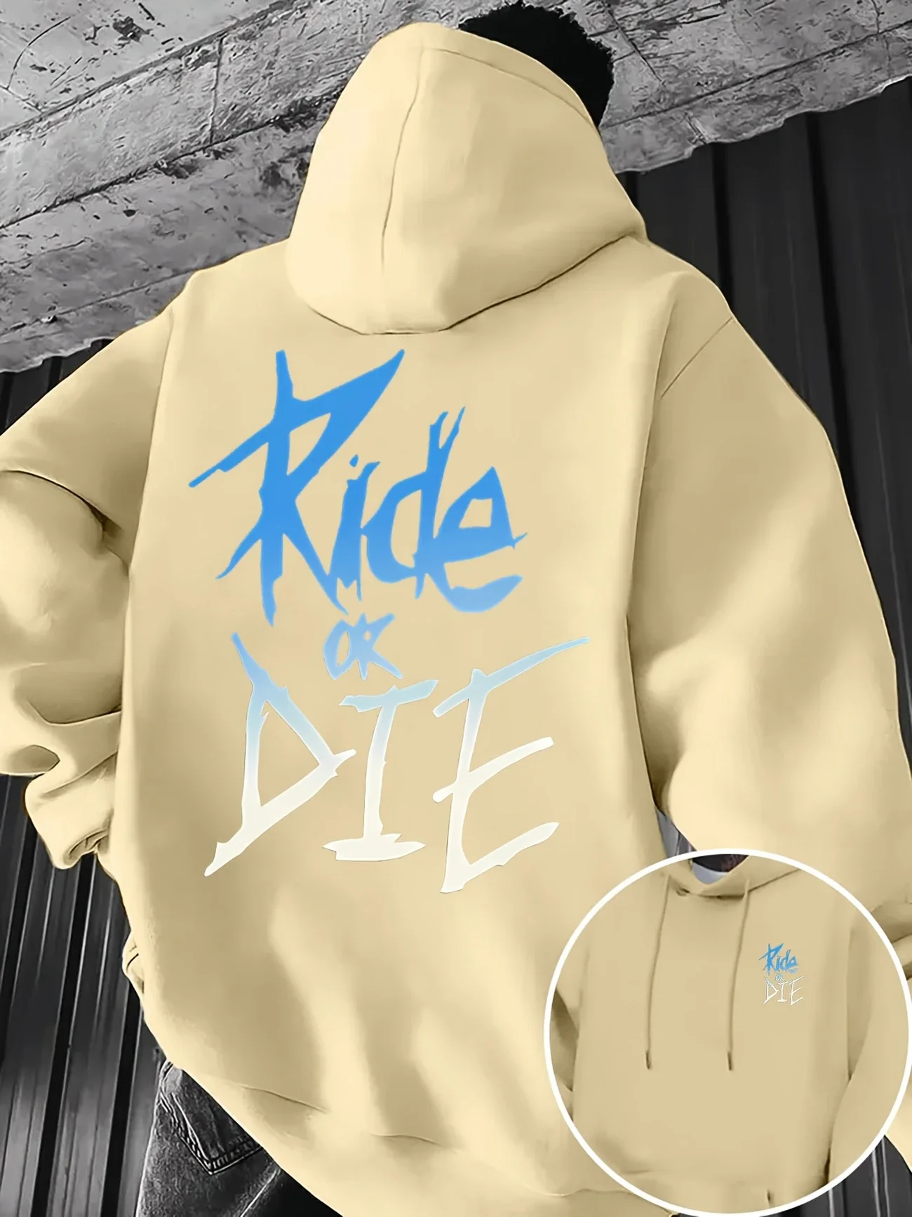 Graffiti-Print „RIDE OR DIE“, Street-Style, 100 % Polyesterfaser, Kängurutasche und verstellbarer Kordelzug, Schwarz, Blau und Weiß – Detail 6