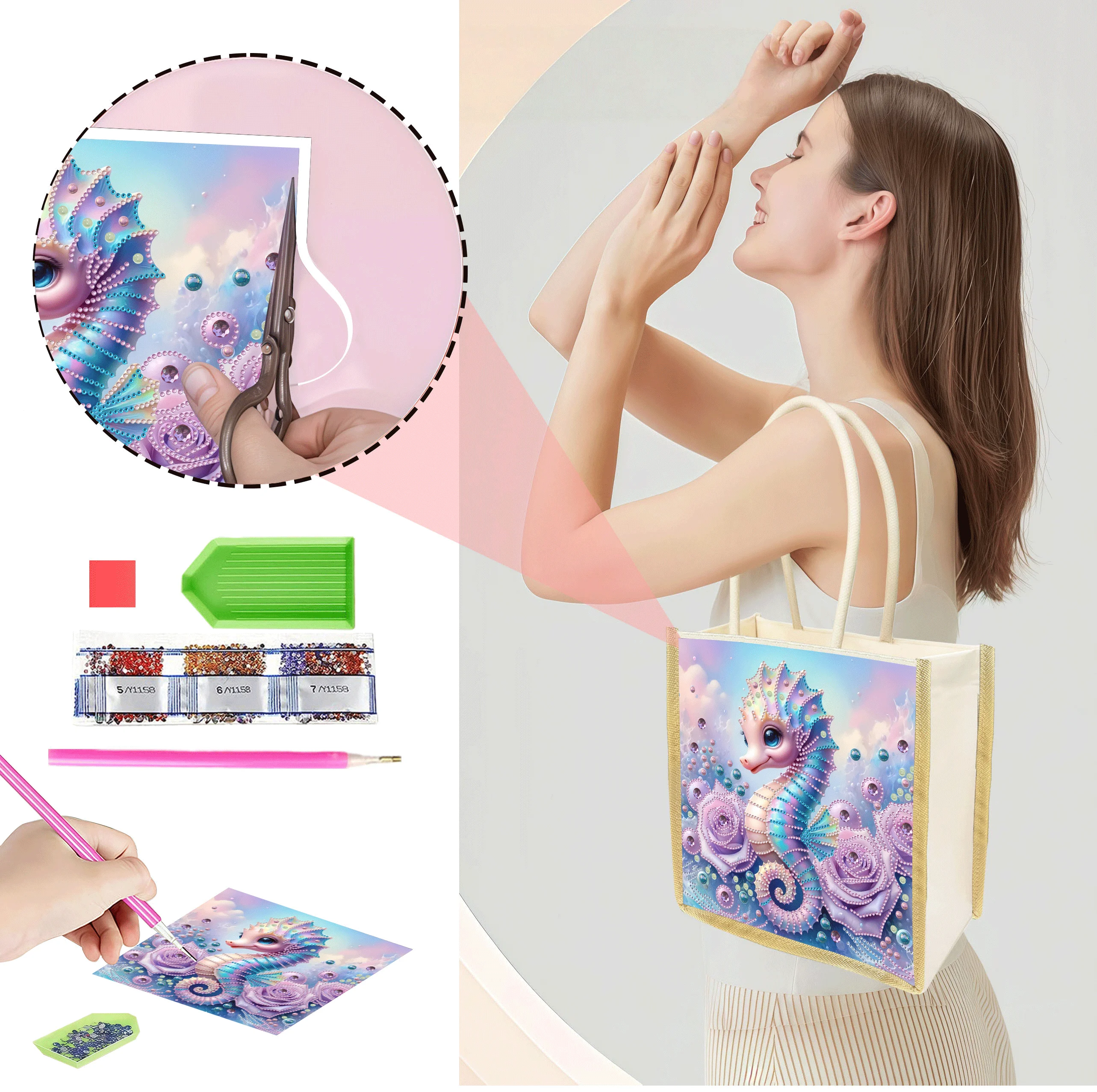 1 Piece of Diamond Painted Shopping bag, canvas Material with Seahorse Pattern, Interchangeable Patterns for Birthday gifts