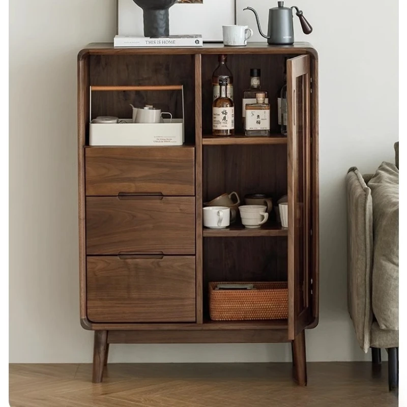 

Black walnut solid side wine cabinet dining cherry wood log bookcase glass