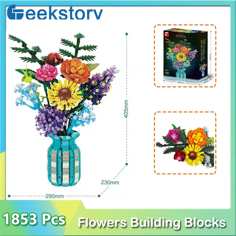 

1853pcs Flowers Bouquet Building Blocks Set MOC 11001 With Vase Model Bricks Plant Home Decorations Assembly Toys Gift Kids Girl