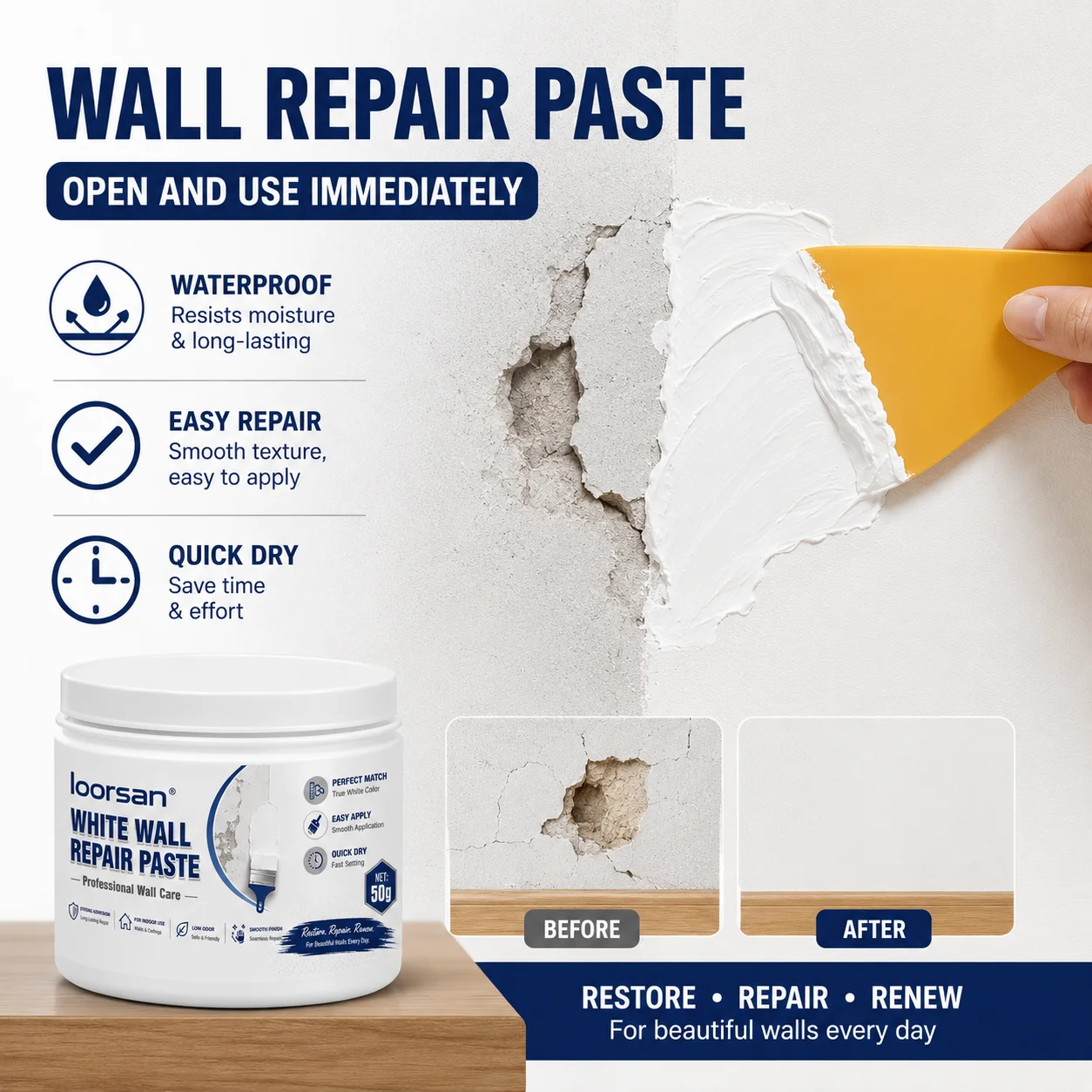 Loorsan Wall Repair Paste 50g Quick Dry White Putty Filler For Holes Cracks Drywall Home Wall Smooth Finish Non PeelingL