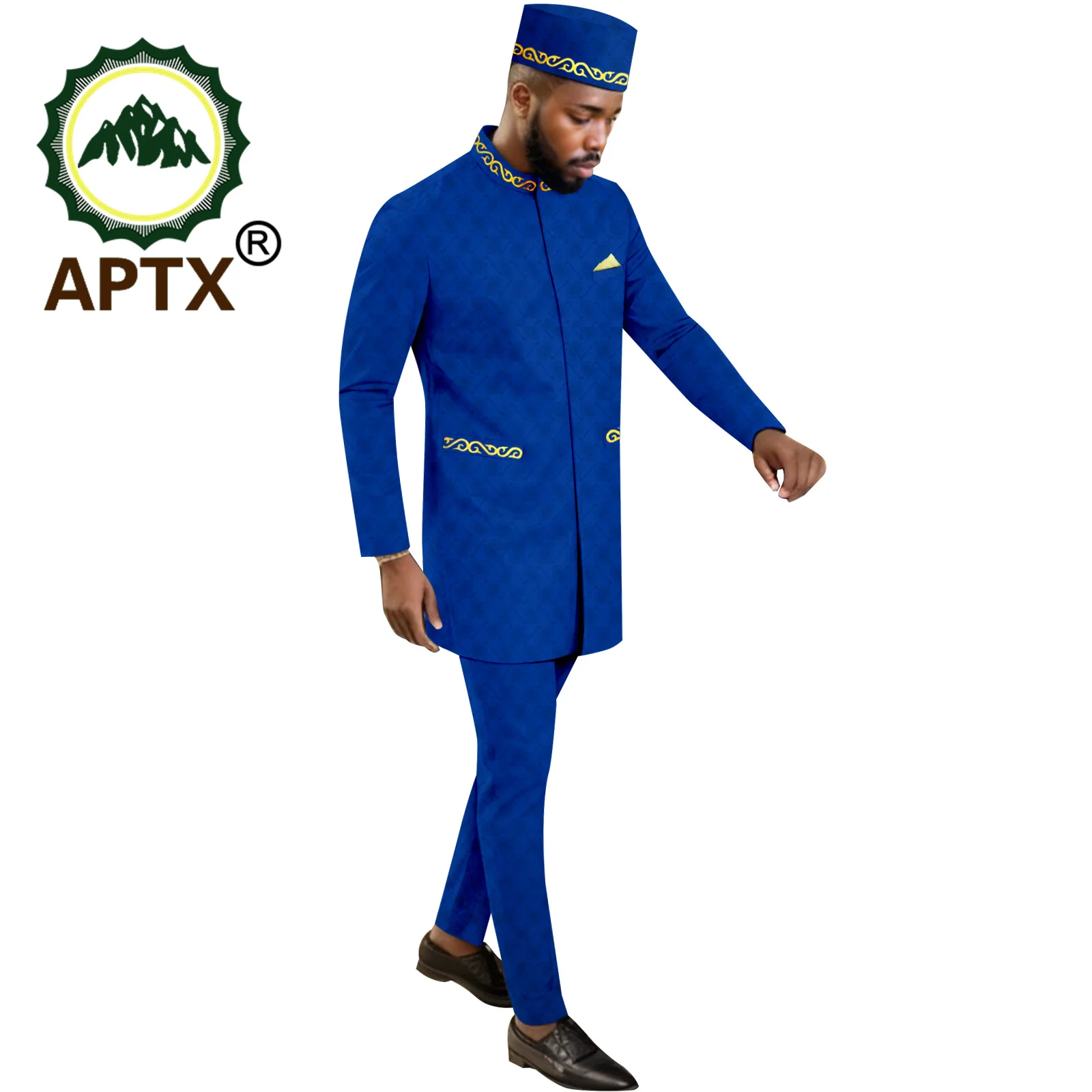 

Africa Clothing Men Suits Slim Fit Outfits Dashiki Embroidery Coat Pants Hat 3 PCS Set Wedding Party Bazin Riche Attire 2416016