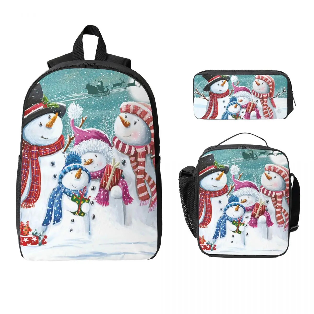 Cartoon Snowman In The Snow Backpack Student BookBag School Bag Laptop Shoulder Bags 3ps Insulated Lunch Bag Pencil Case