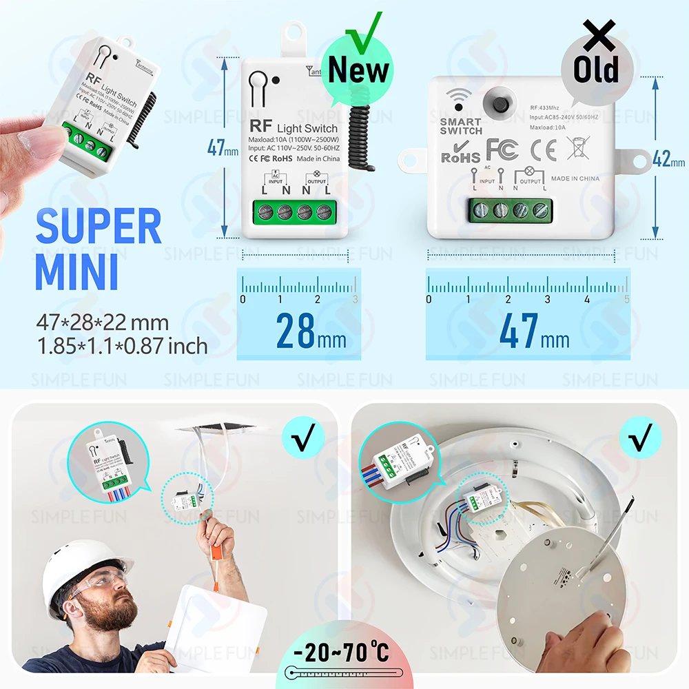 433Mhz Wireless Smart Light Switch AC 110V 220V 230V 10A Mini RF Relay Receiver Mini Transmitter for Remote Control Lamp LED Fan