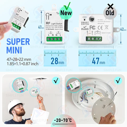 Imagen 2 del producto Interruptor de luz inteligente inalámbrico de 433Mhz AC 110V 220V 230V 10A Mini receptor de relé RF Mini transmisor para lámpara de Control remoto ventilador LED