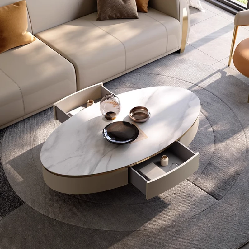 

Light luxury rock slab fish belly white coffee table oval corner simple small apartment paint TV cabinet combination
