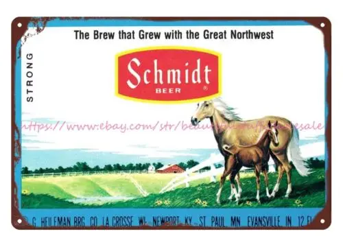 1970s Schmidt Beer farm horse Outdoors Scene Brewing metal tin sign vintage wall