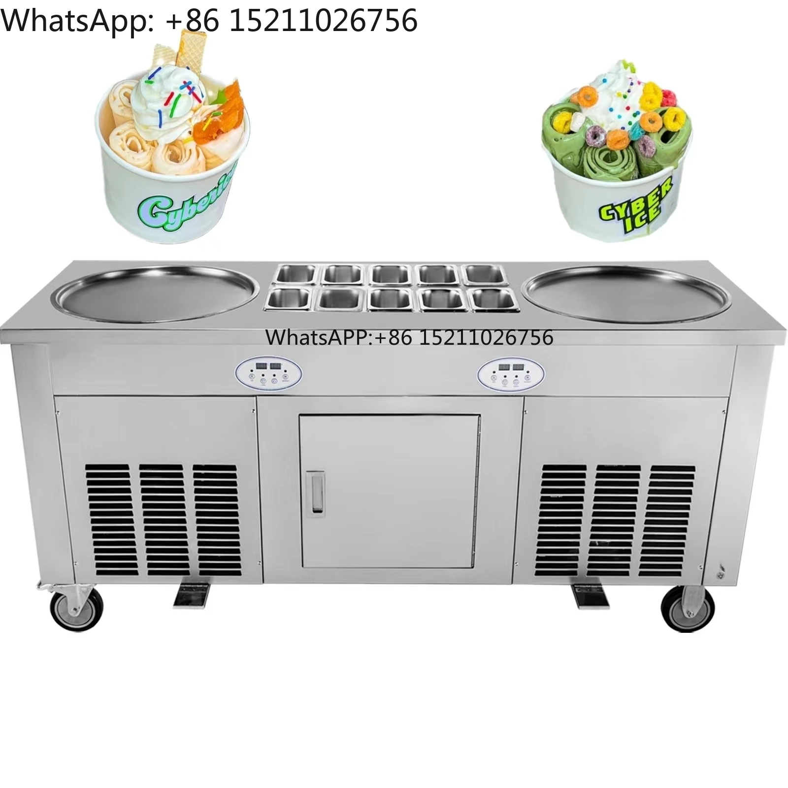 

WeWork Commercial Rolled Ice Cream Machine 2800W Double Pan Ice Cream Roll Maker with Cabinet Fried Ice Cream Roll Machine