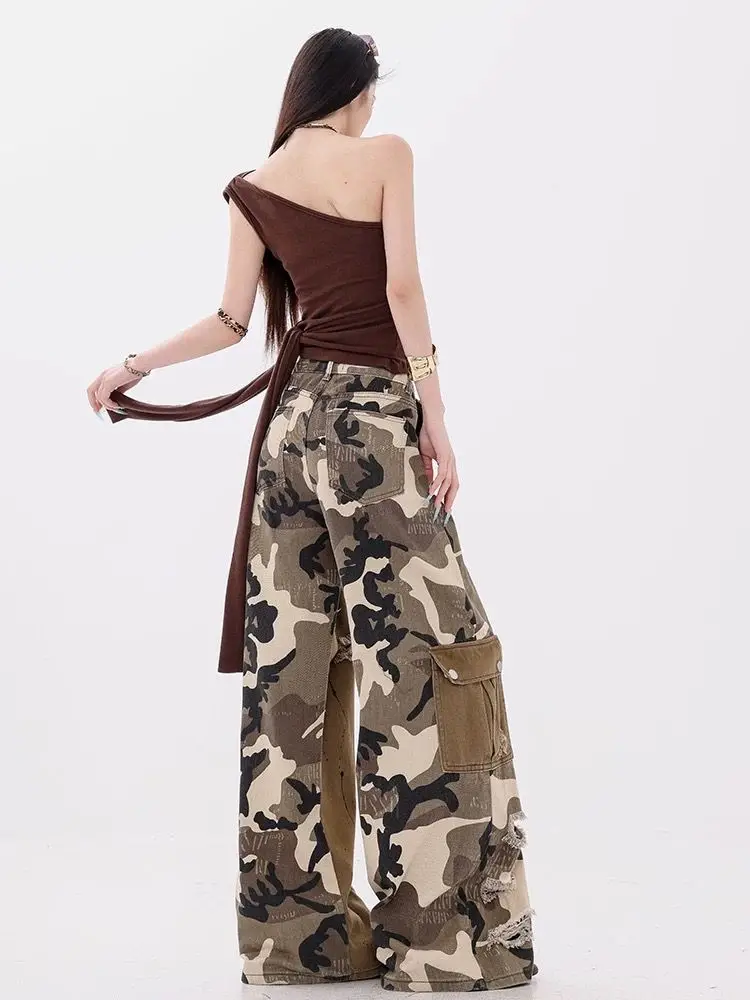 Celana Kerja Musim Panas Tipis Model Slim Fit Straight Leg Motif Kamuflase Amerika, Celana Lebar Gaya High Street, Celana Kasual Fashion Remaja