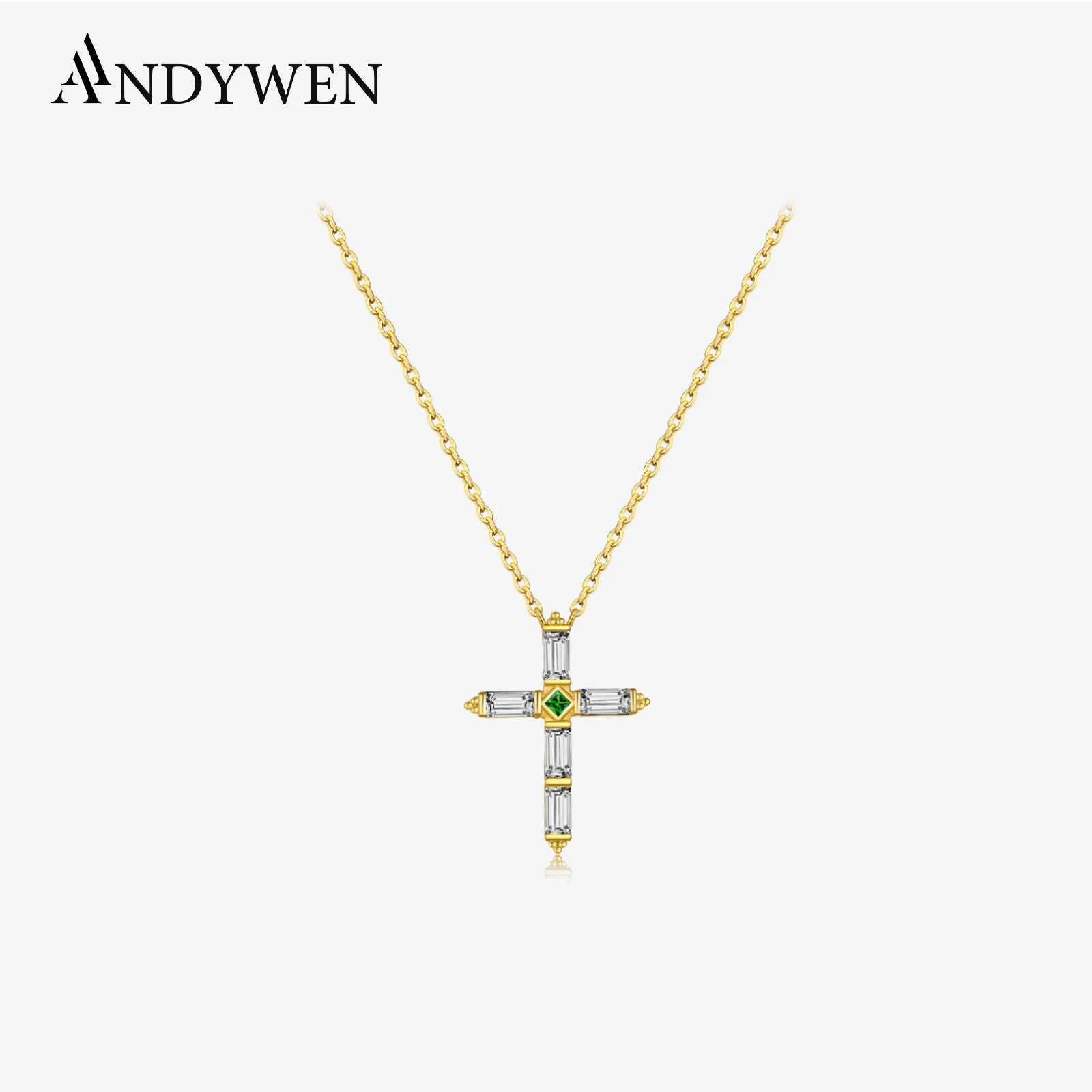 ANDYWEN 925 Sterling Silver Colorful Cross Pendant Necklace Long Chain Fine Jewelry Collar Corto Doris Verde Rosa Rock Punk Oro