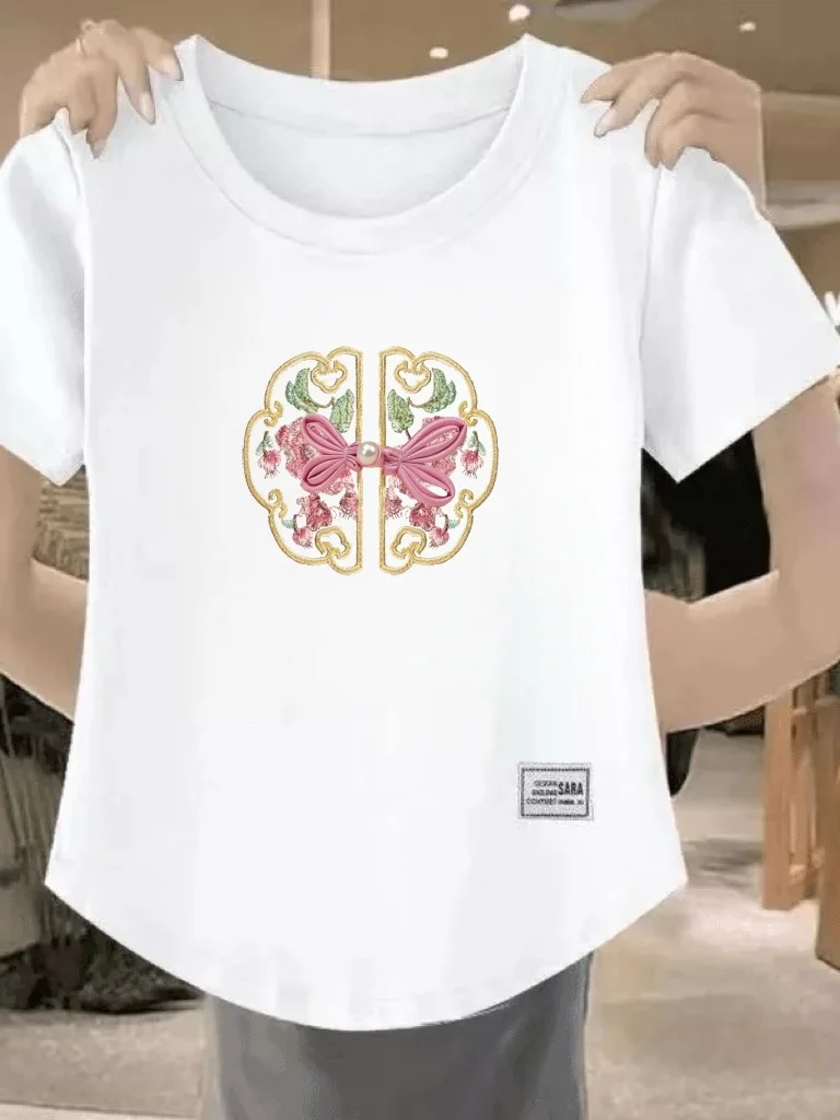 

Новая женская футболка в китайском стиле с коротким рукавом, круглым вырезом и принтом в виде узлов, облегающий топ для женщин среднего и пожилого возраста.