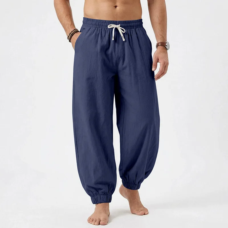Europäische und amerikanische Freizeithose für Herren: Sommerliche Strand-Leinenhose in Übergröße mit Bündchen am Knöchel – Detail 12