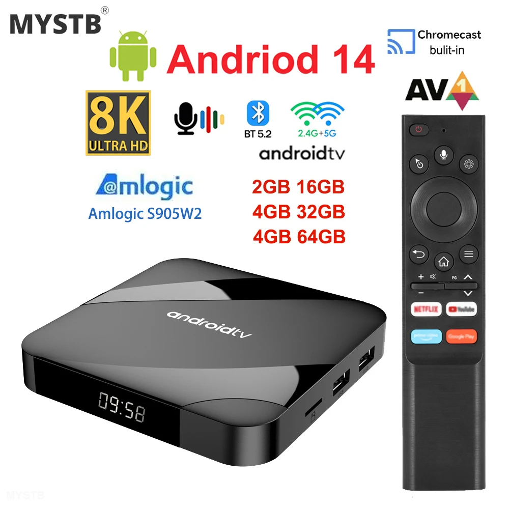 MYSTB TV Box Android 14 8K ATV S905W2 Quad Core 2.4G 5G Dual Wifi BT5.2 Support SPDIF Smart Voice Control Set Top Box 4K Player