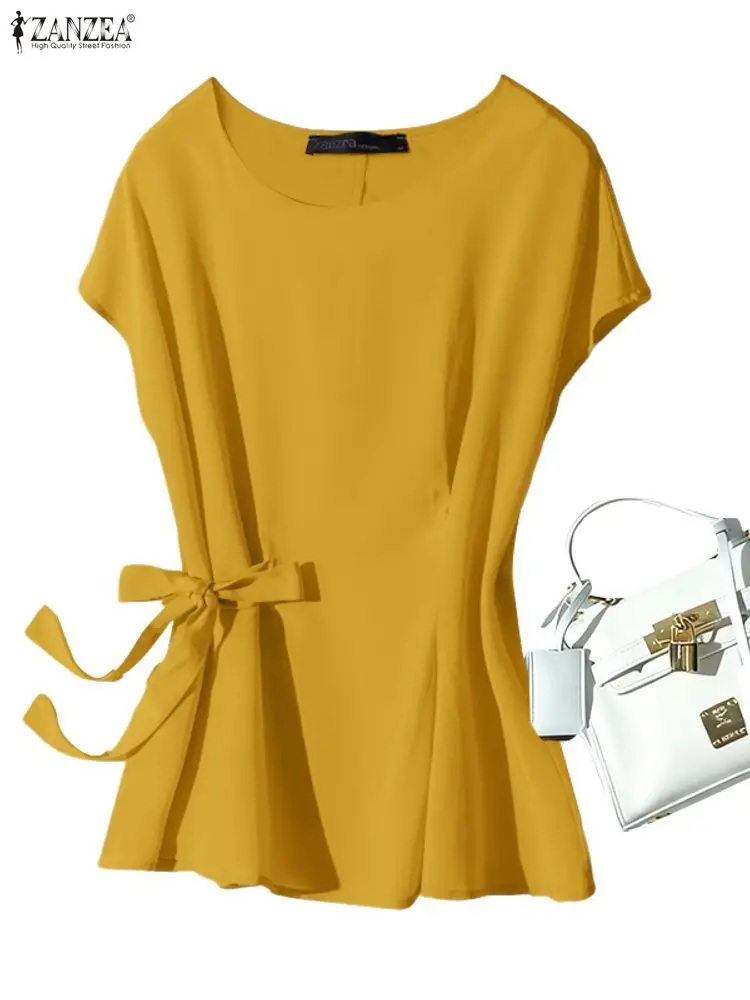 2026 ZANZEA été Blouse bureau haut pour femme élégant solide OL Chemise de travail décontracté col rond manches courtes Blusas à lacets Chemise Mujer