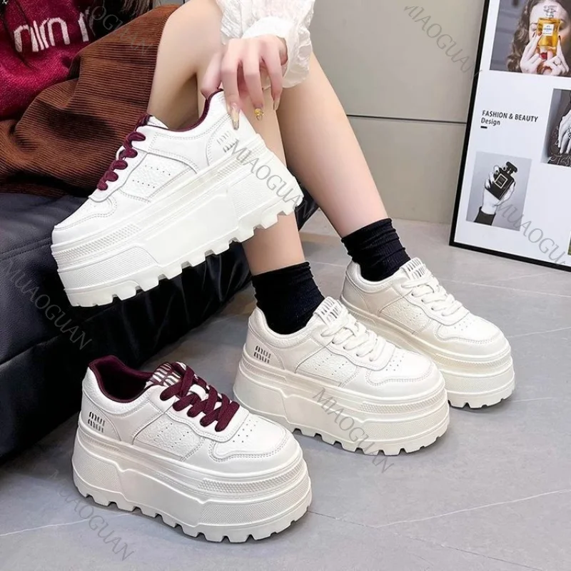 8CM Platform Causal Women Sneakers Wedge Heels Breathable Comfort Hidden Heel Ladies Vulcanised Shoes Lace Up Versatile Footwear