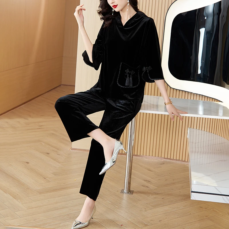 

2023 New Vintage Tassel Decorative T-shirt and Pants Set Autumn and Winter New Loose Size Women's Hoodie Two Piece Set