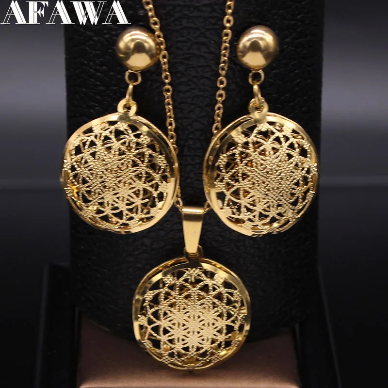 Flower of Life Stainless Steel Jewelry Set Women Hollow Gold Color Necklace Earrings Set Jewelry parure acier inoxydable femme