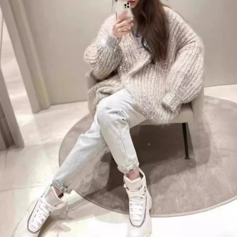 High-end sequins cardigans knitted hooded sweaters handmade women early spring gradient color matching loose long-sleeved coats