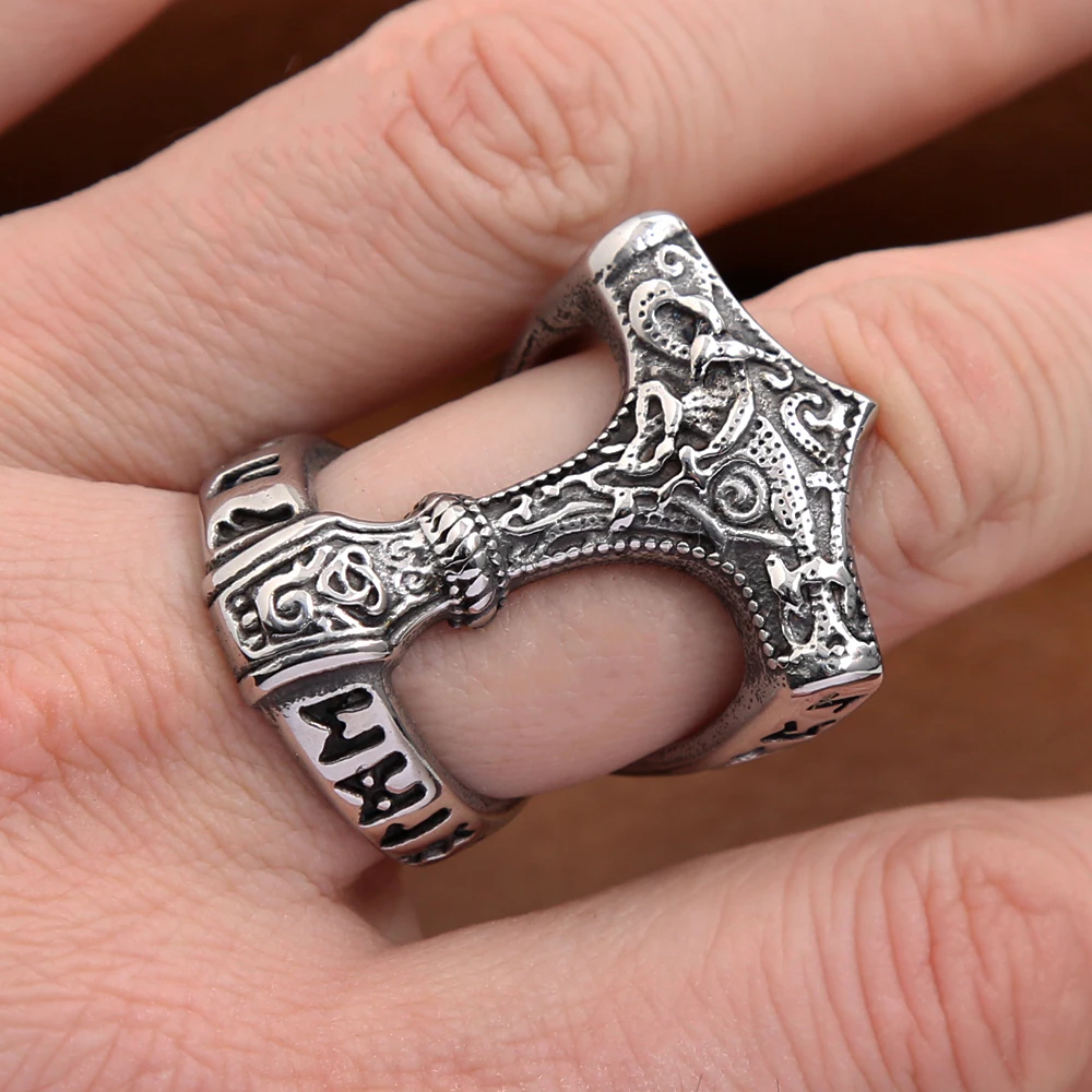 Classic Vintage Viking Thors Hammer Ring For Men Stainless Steel Nordic Odin Rune Rings Fashion Amulet Jewelry Gift Dropshipping