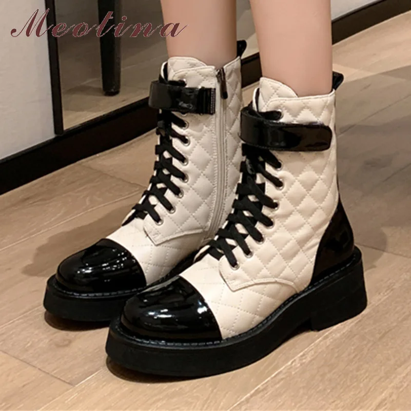 

Meotina Women Genuine Leather Ankle Boots Round Toe Thick Mid Heels Lace-up Zipper Short Boots Ladies Fashion Shoes Winter Beige