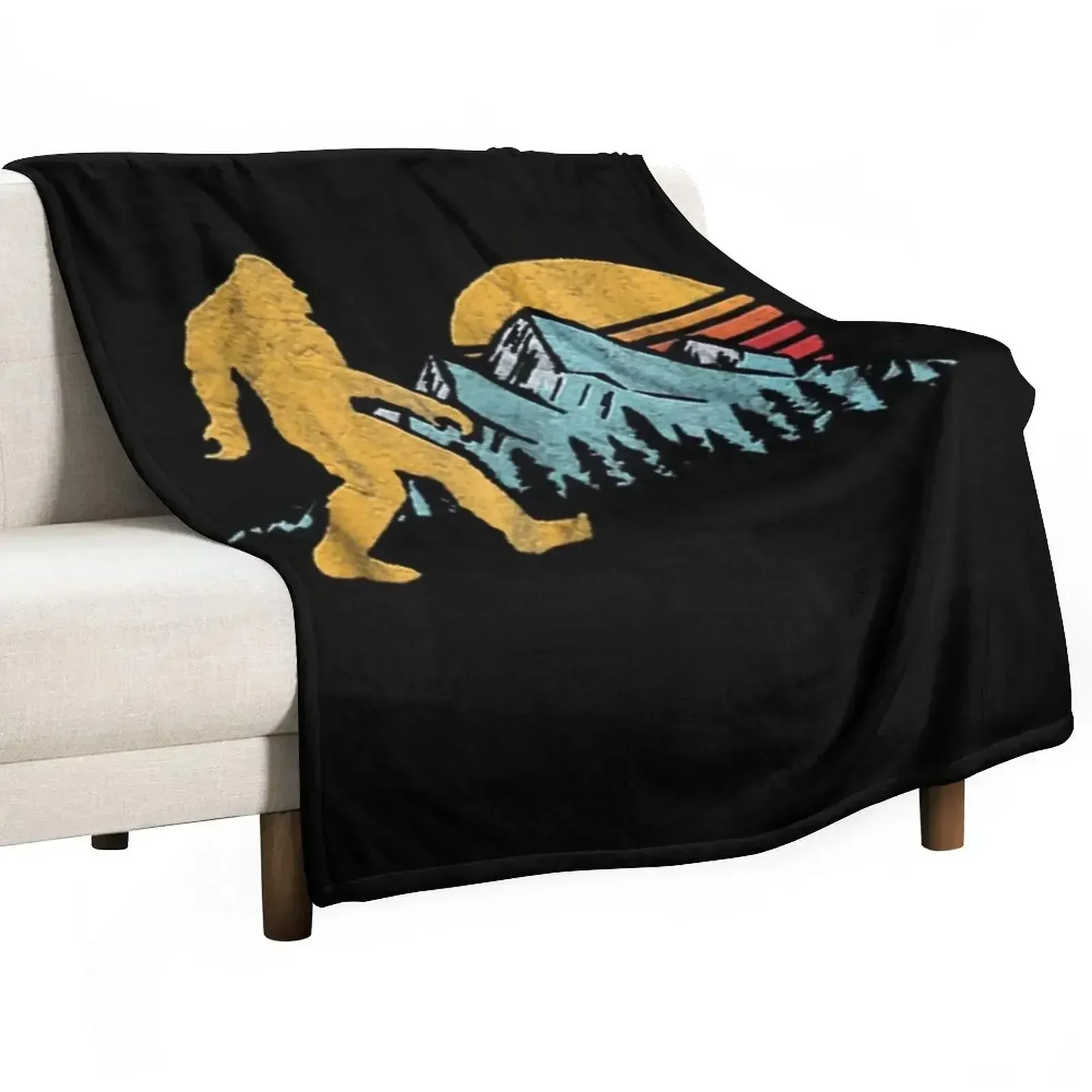 Vintage Retro Bigfoot Believe Silhouette Mountain Sun Throw Blanket Sofas anime Blankets