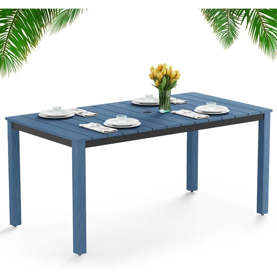 Outdoor Dining Table Weatherproof 63 Rectangle HIPS Patio Dining Table for 6 with 2 Umbrella Hole Outdoor Table for Backyard De