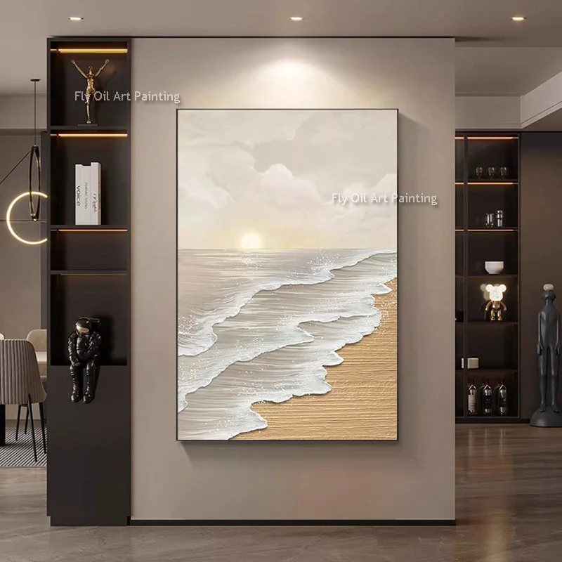 Hand Painted Yellow Sunset On The Sea Texture Thick Canvas Wall Art Original Artwork Brown White Seascape Seawaves Oil Painting
