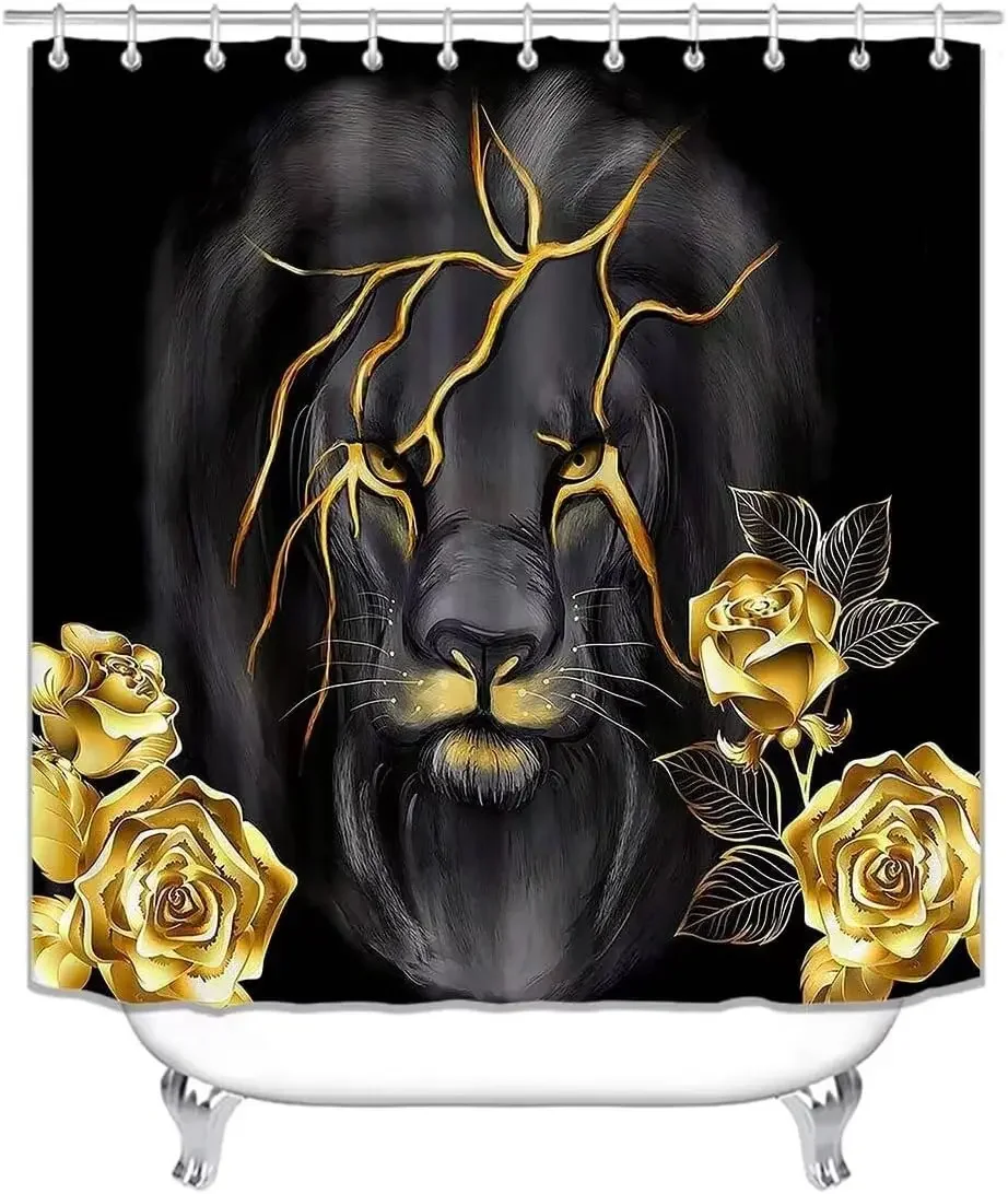 4 Piece Black and Gold Shower Curtain Set - Majestic Lion Golden Rose Art Decor  Washable Fabric Curtain - Rugs and Toilet Cover