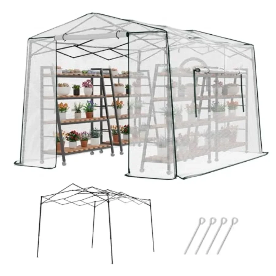 11.5x8.5x7.4 Feet Walk-in Greenhouse, Portable Plant Hot House with Zipper Windows and Doors, Heavy-Duty PE Cover and Steel Fra