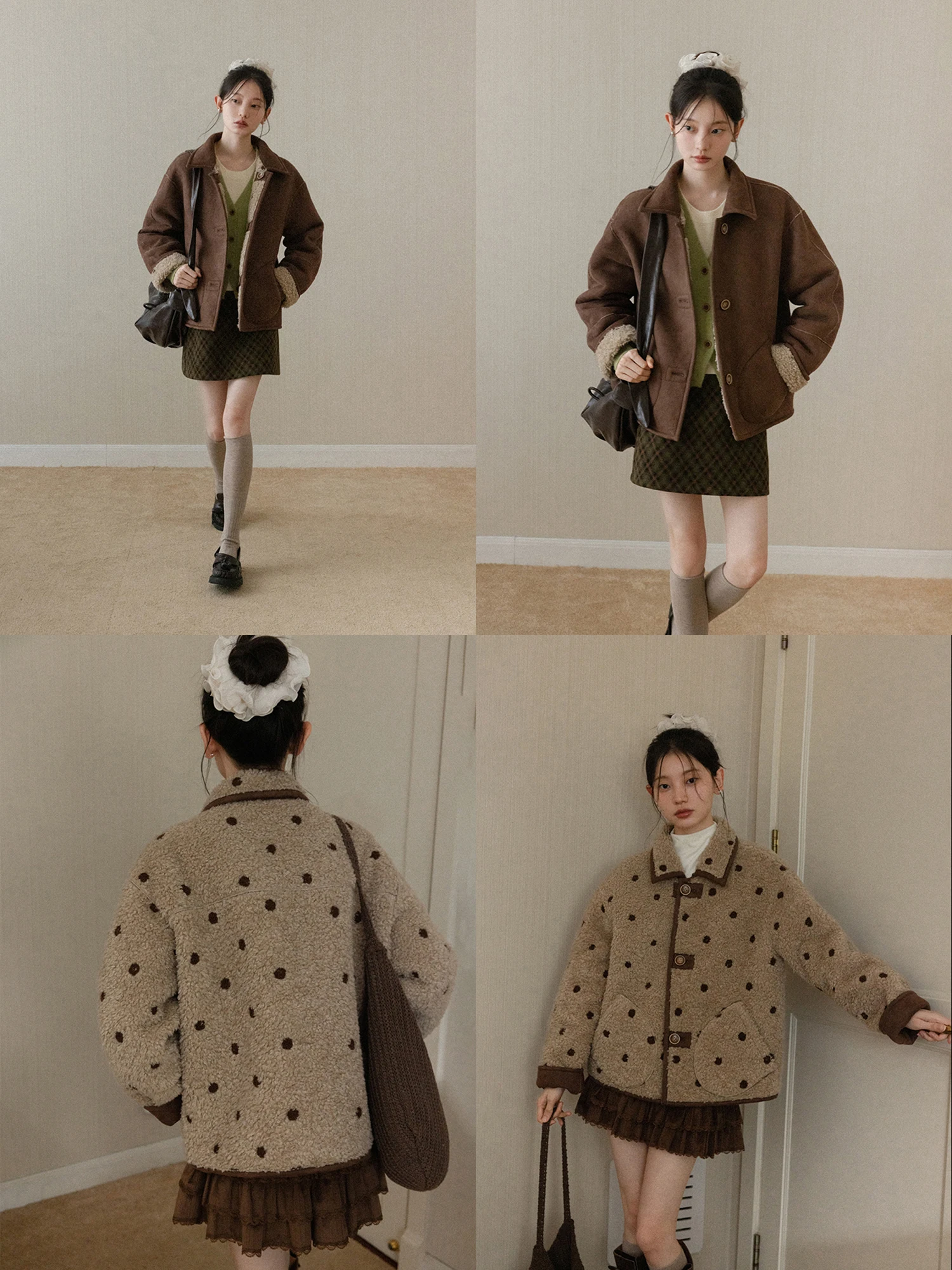 سترة نسائية شتوية فضفاضة بنمط النقاط الكلاسيكي من كانتون إس، مصنوعة من الجلد الصناعي مع فرو، تصميم علوي مريح وفضفاض