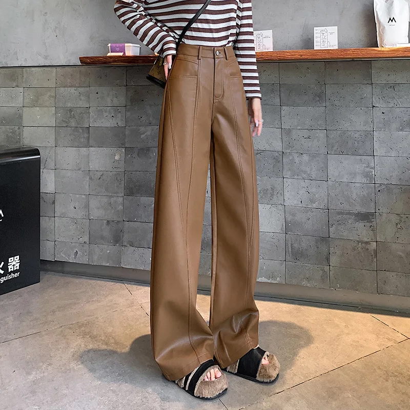 Pantalon en Cuir à Jambes Larges pour Femme, Taille Haute, Couleur Café, Coupe Ample, Tenue Décontractée, Longueur au Sol