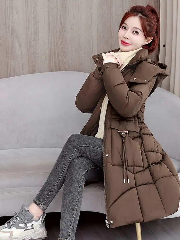 Cappello staccabile in piumino di cotone Jaet Capispalla da donna allentato Parka di media lunghezza antietà Chiusura con cerniera Cappotto lungo Sve