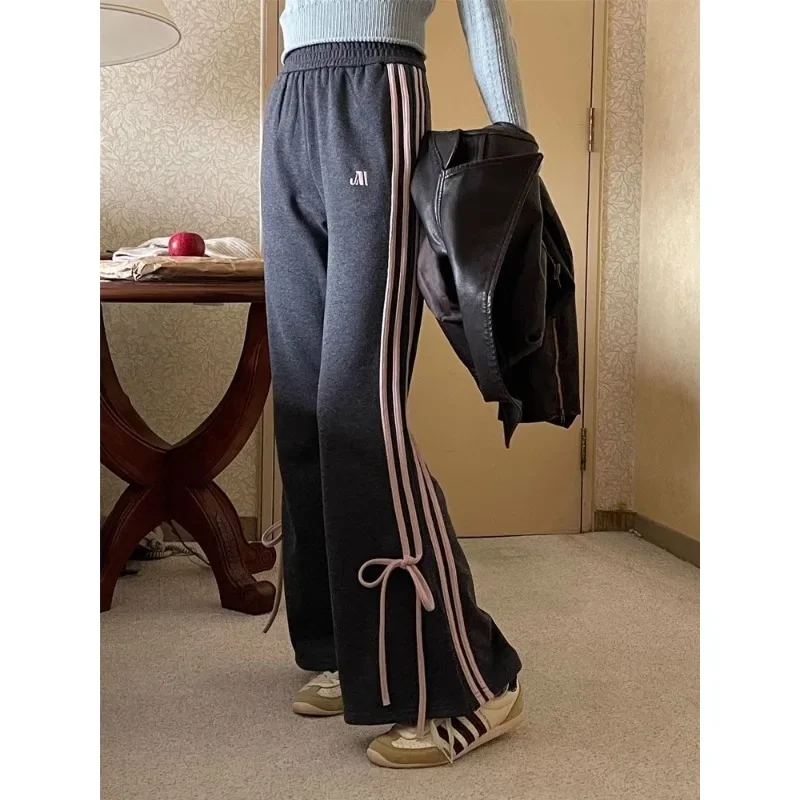 Deeptown Sweet Striped Flared Sweatpants Women Y2k Vintage Bow Korean Fashion Pants Harajuku Baggy Gray Trousers Aesthetic 2024